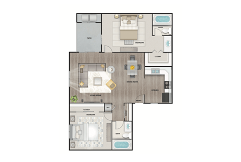Floor plan for 2 beds, 2 baths, 1000 sqft